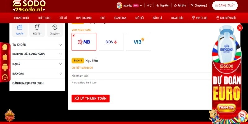 Nạp tiền 79Sodo thông qua ngân hàng